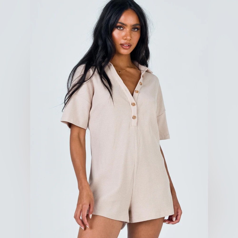 PRINCESS POLLY 🐚 Kegan Waffle-Knit Romper in Beige